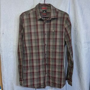 Victorinox Men's Burgundy and Olive Plaid casual button down Shirt